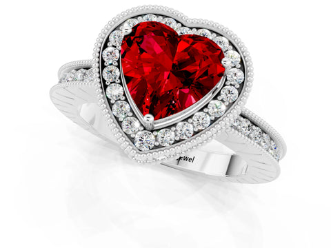 White gold Heart Cut Halo Diamond Engagement Ring with Milgrain Pave Band and Four-Prong Setting_1