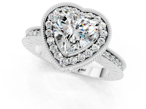 White gold Heart Cut Halo Diamond Engagement Ring with Milgrain Pave Band and Four-Prong Setting_1