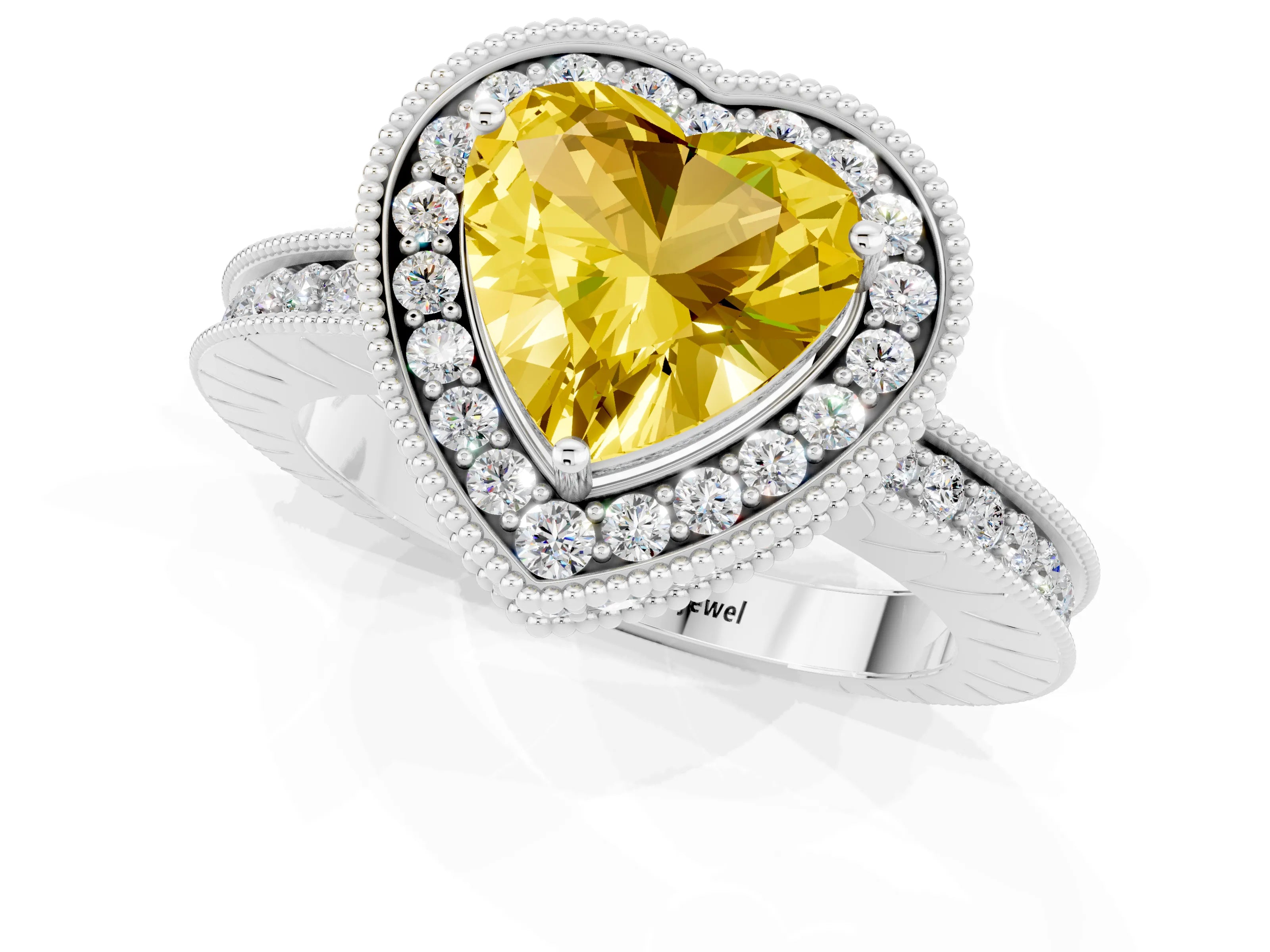 White gold Heart Cut Halo Diamond Engagement Ring with Milgrain Pave Band and Four-Prong Setting_1