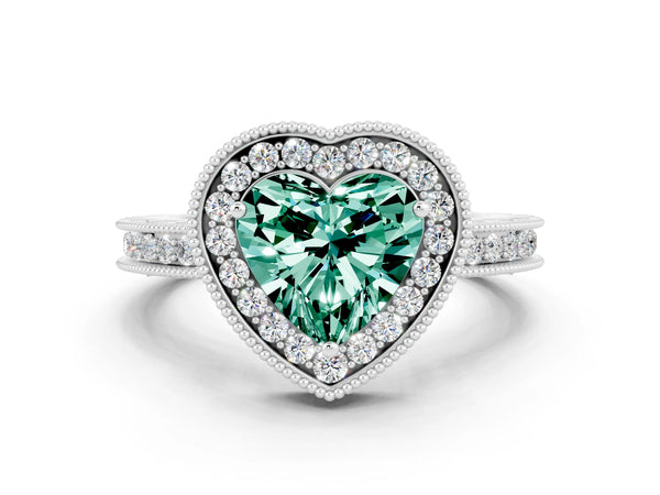 Platinum Heart Cut Halo Diamond Engagement Ring with Milgrain Pave Band and Four-Prong Setting