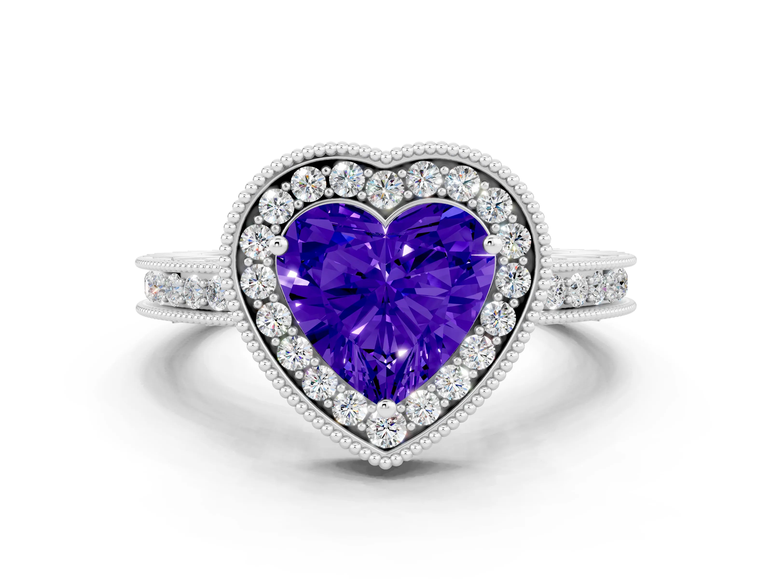 White gold Heart Cut Halo Diamond Engagement Ring with Milgrain Pave Band and Four-Prong Setting