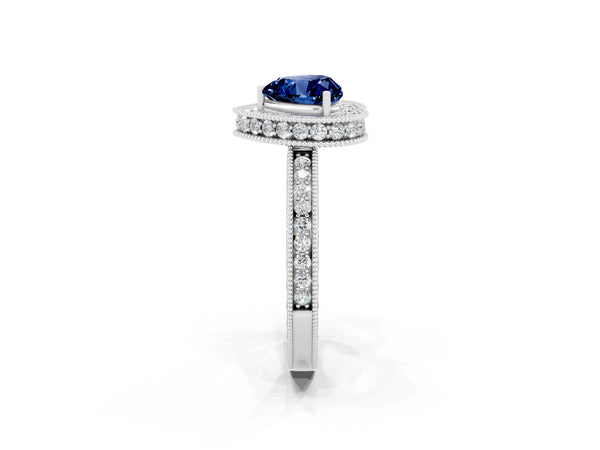 Silver Heart Cut Halo Diamond Engagement Ring with Milgrain Pave Band and Four-Prong Setting