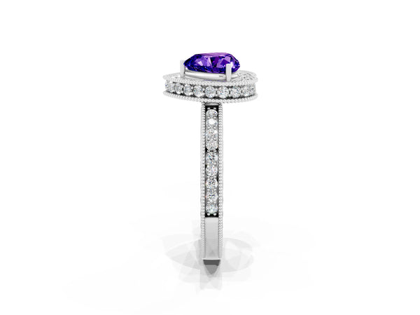 Silver Heart Cut Halo Diamond Engagement Ring with Milgrain Pave Band and Four-Prong Setting