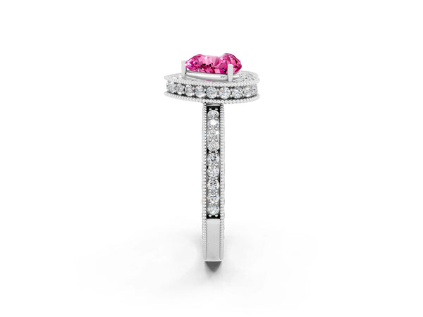 White gold Heart Cut Halo Diamond Engagement Ring with Milgrain Pave Band and Four-Prong Setting