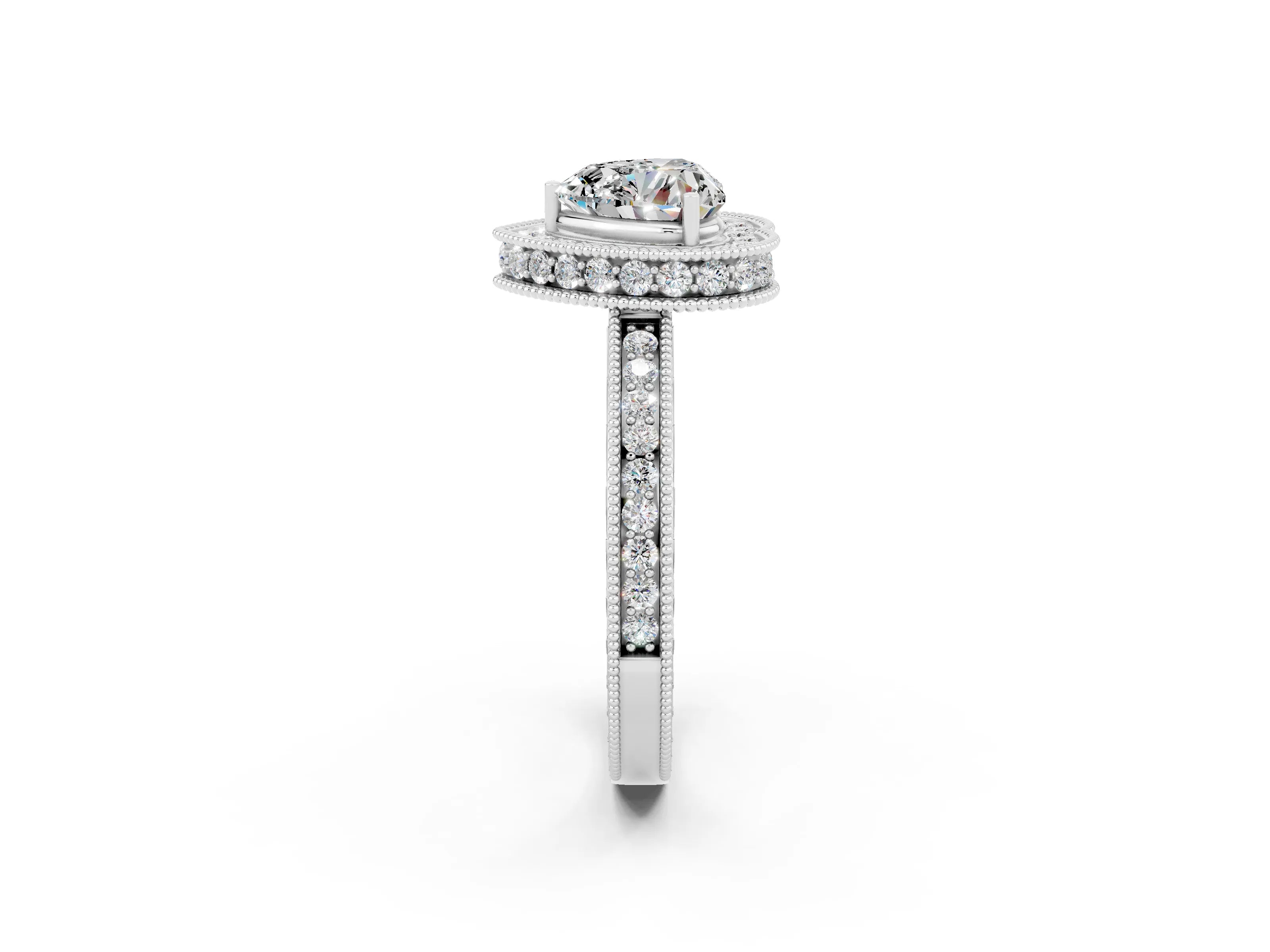 White gold Heart Cut Halo Diamond Engagement Ring with Milgrain Pave Band and Four-Prong Setting_2