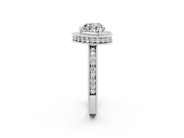 Platinum Heart Cut Halo Diamond Engagement Ring with Milgrain Pave Band and Four-Prong Setting