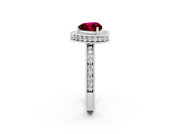 Silver Heart Cut Halo Diamond Engagement Ring with Milgrain Pave Band and Four-Prong Setting