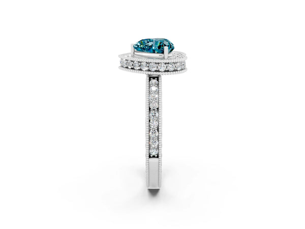 White gold Heart Cut Halo Diamond Engagement Ring with Milgrain Pave Band and Four-Prong Setting