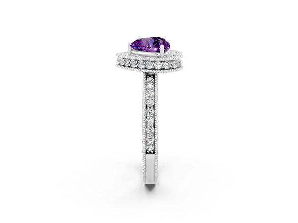 White gold Heart Cut Amethyst Milgrain Halo Engagement Ring with Round Pavé Band and Prong Setting