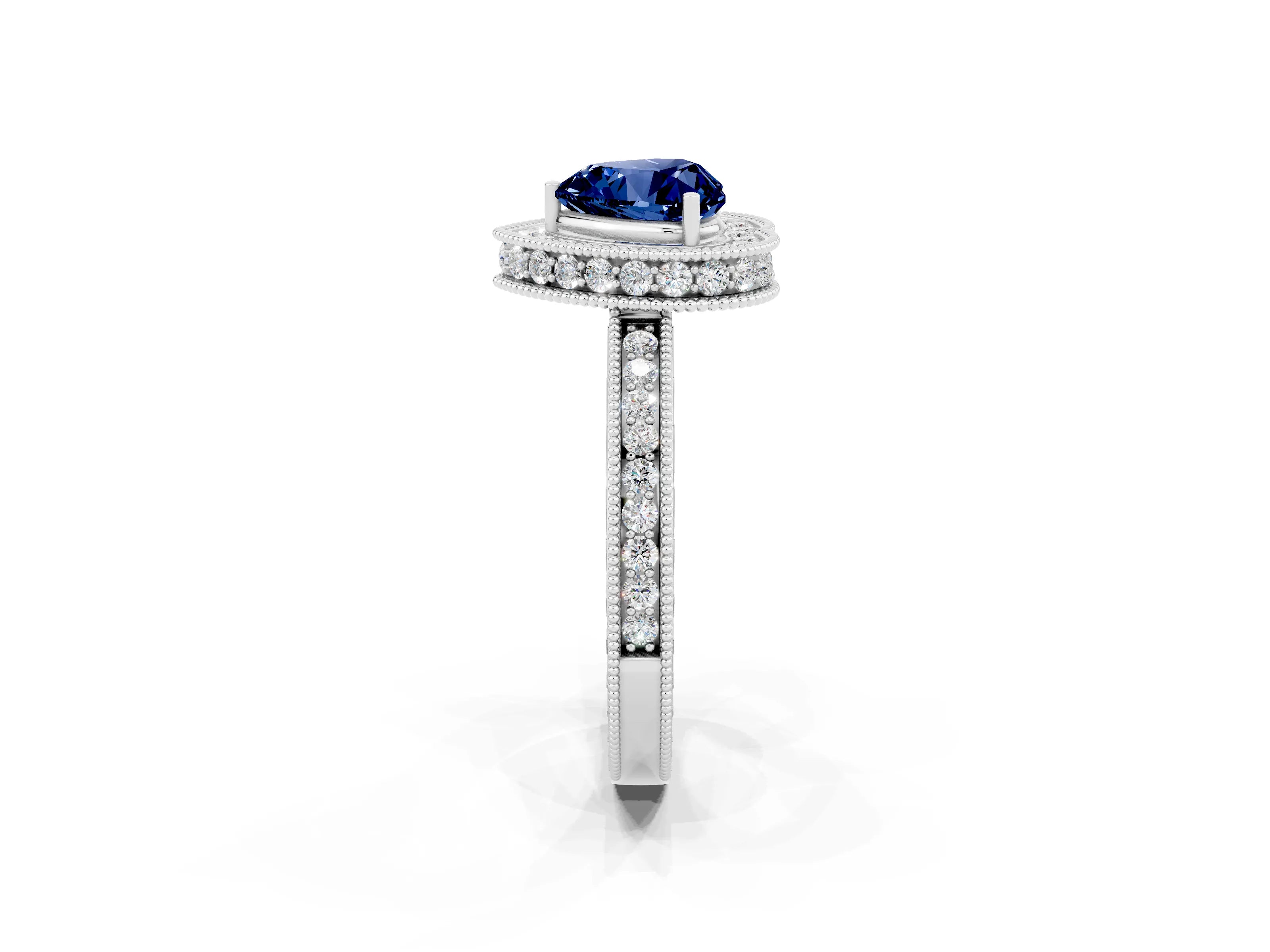 White gold Heart Cut Halo Diamond Engagement Ring with Milgrain Pave Band and Four-Prong Setting_2