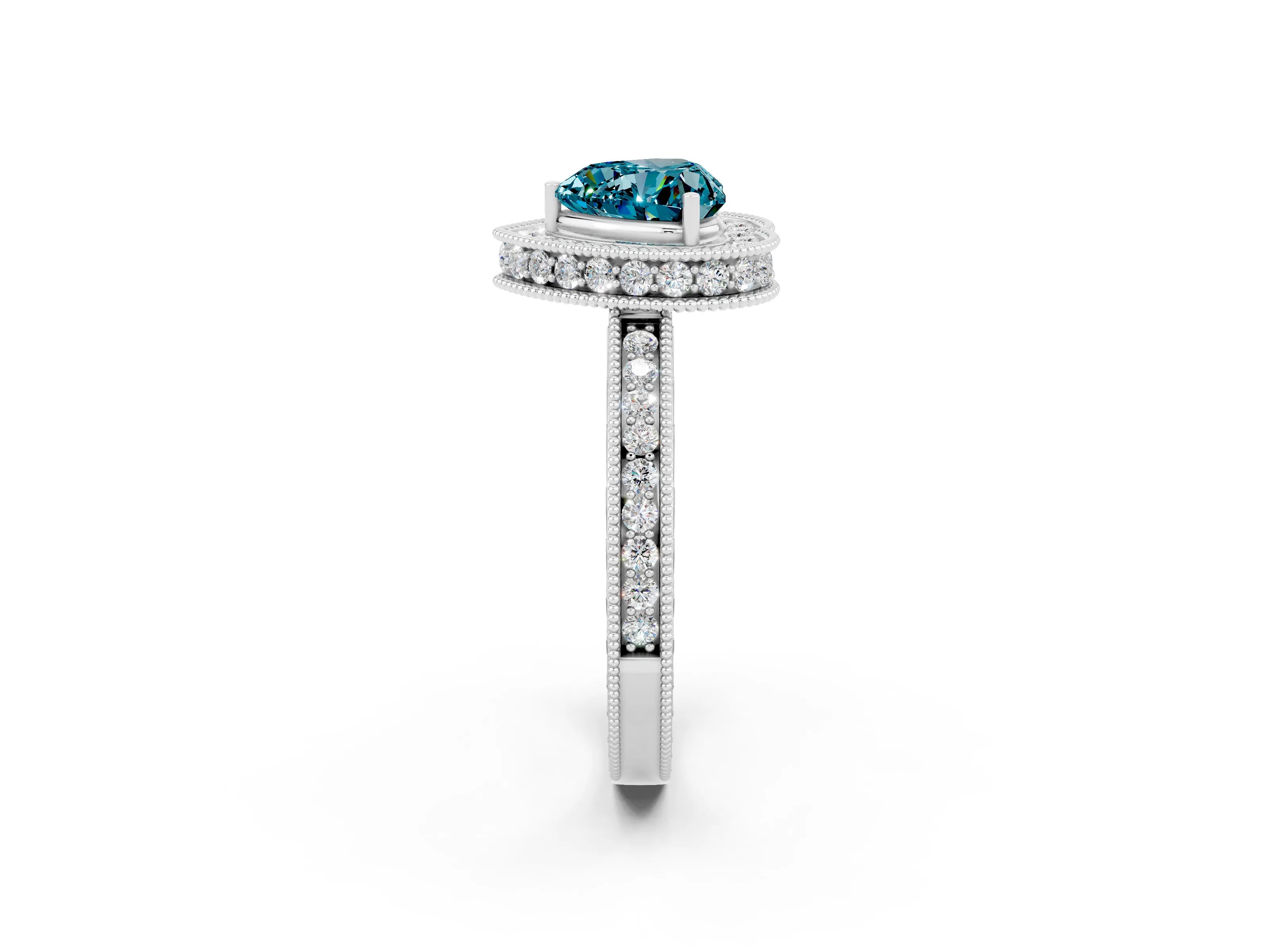 White gold Heart Cut Halo Diamond Engagement Ring with Milgrain Pave Band and Four-Prong Setting_2
