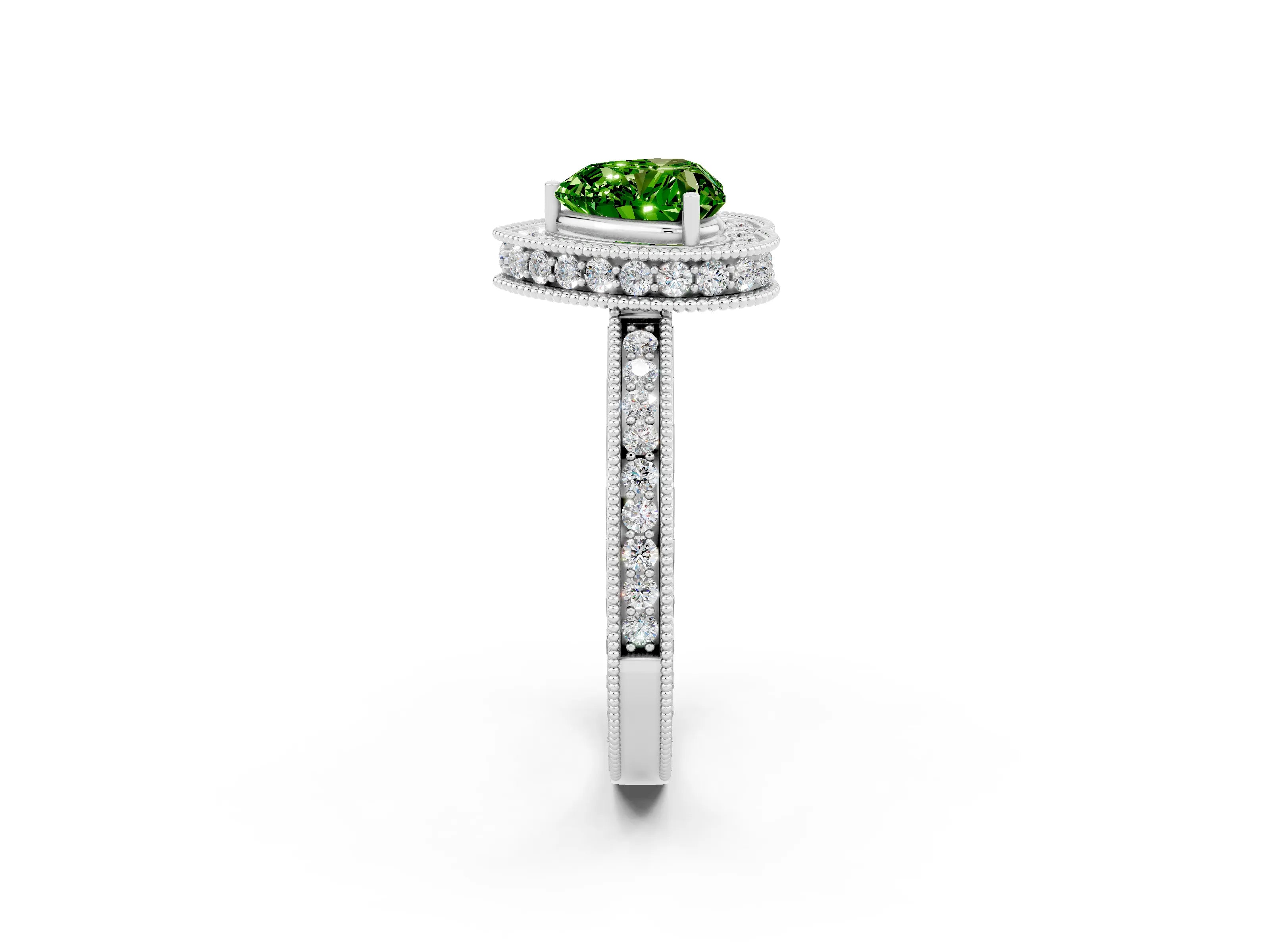 White gold Heart Cut Halo Diamond Engagement Ring with Milgrain Pave Band and Four-Prong Setting_2