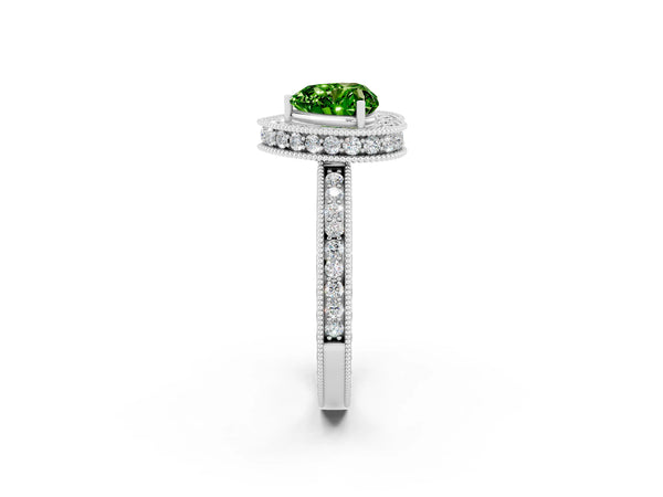 White gold Heart Cut Halo Diamond Engagement Ring with Milgrain Pave Band and Four-Prong Setting
