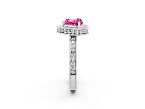 White gold Heart Cut Halo Diamond Engagement Ring with Milgrain Pave Band and Four-Prong Setting_2