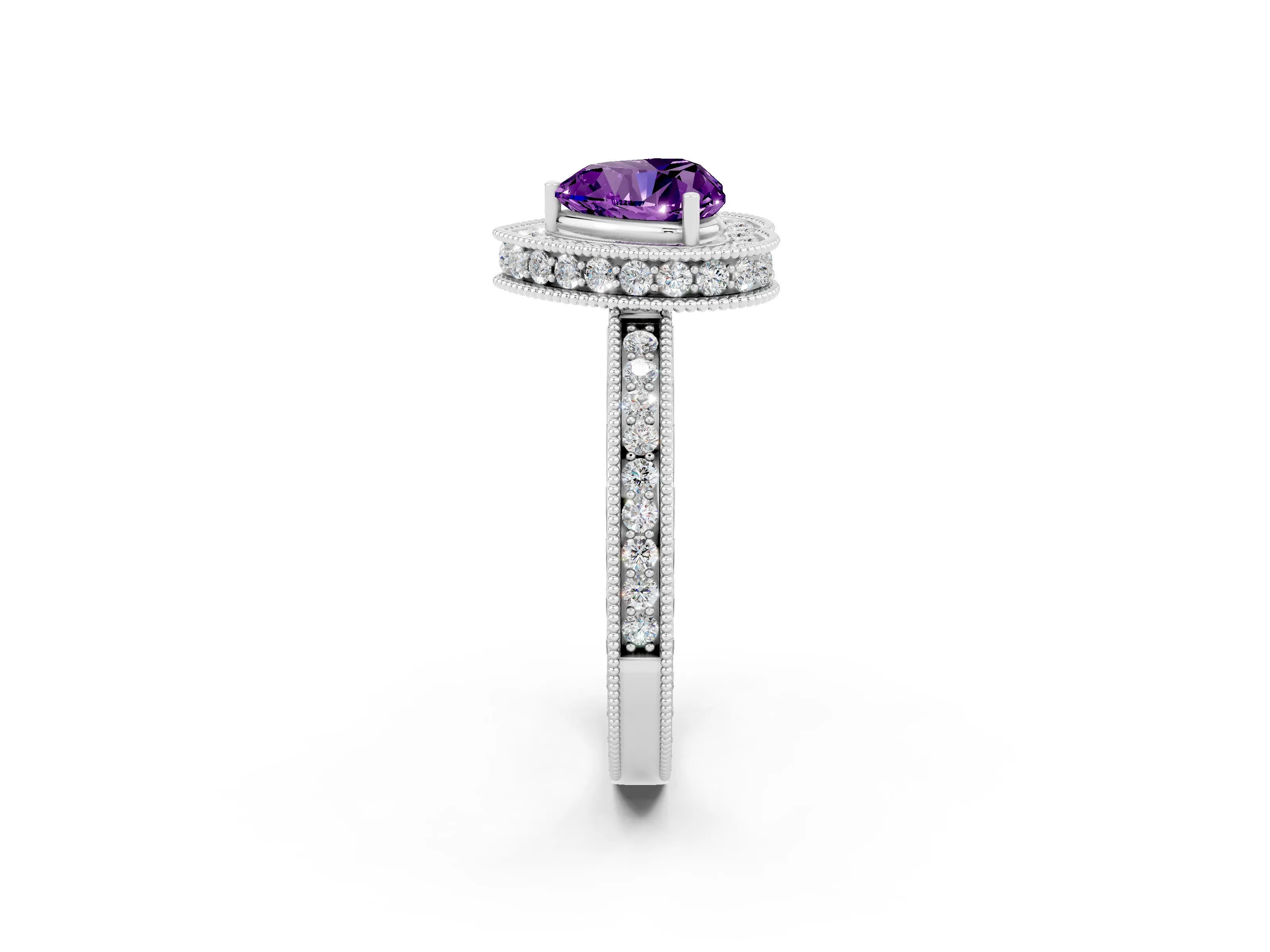 White gold Heart Cut Halo Diamond Engagement Ring with Milgrain Pave Band and Four-Prong Setting_2
