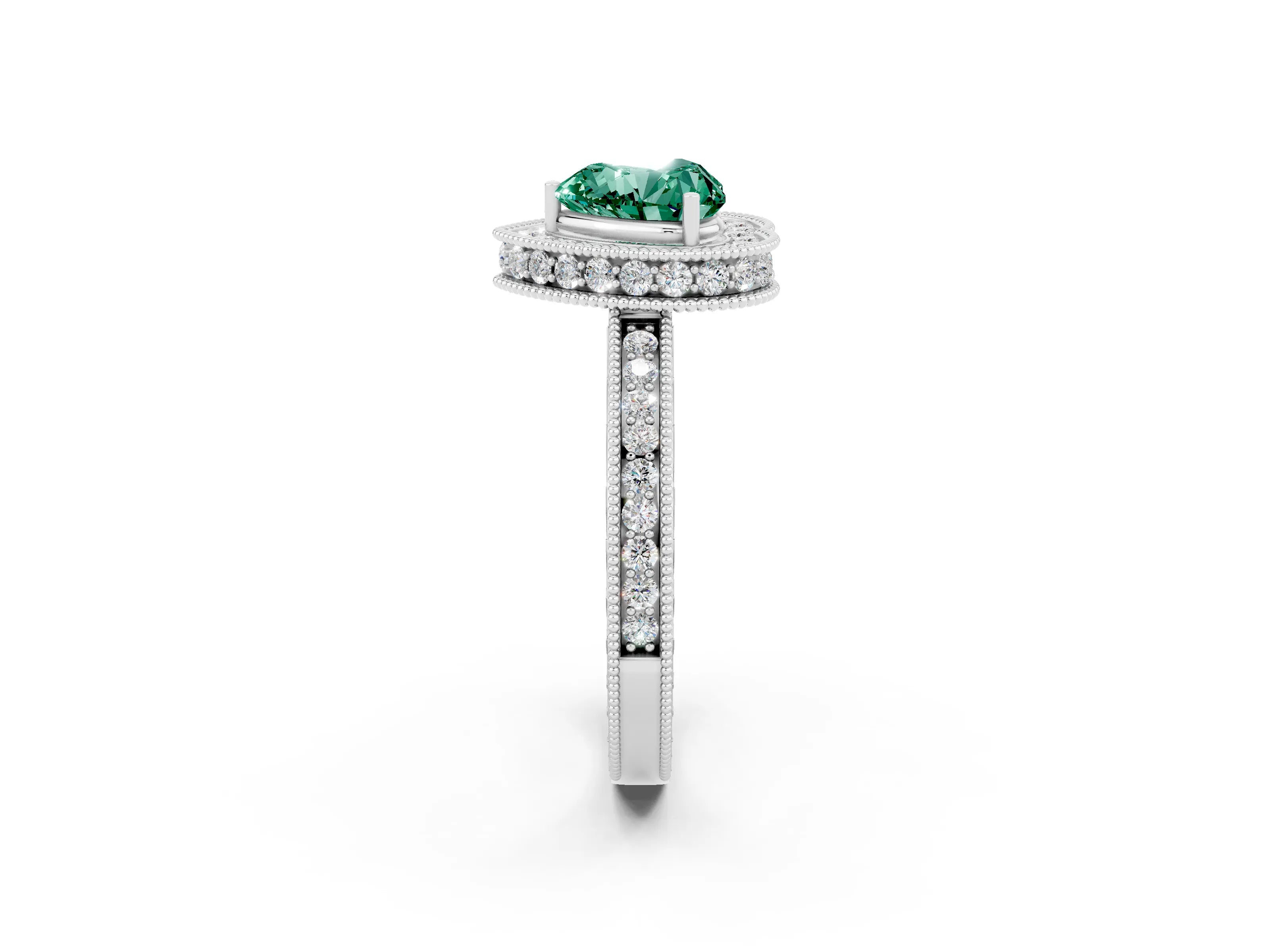 White gold Heart Cut Halo Diamond Engagement Ring with Milgrain Pave Band and Four-Prong Setting_2