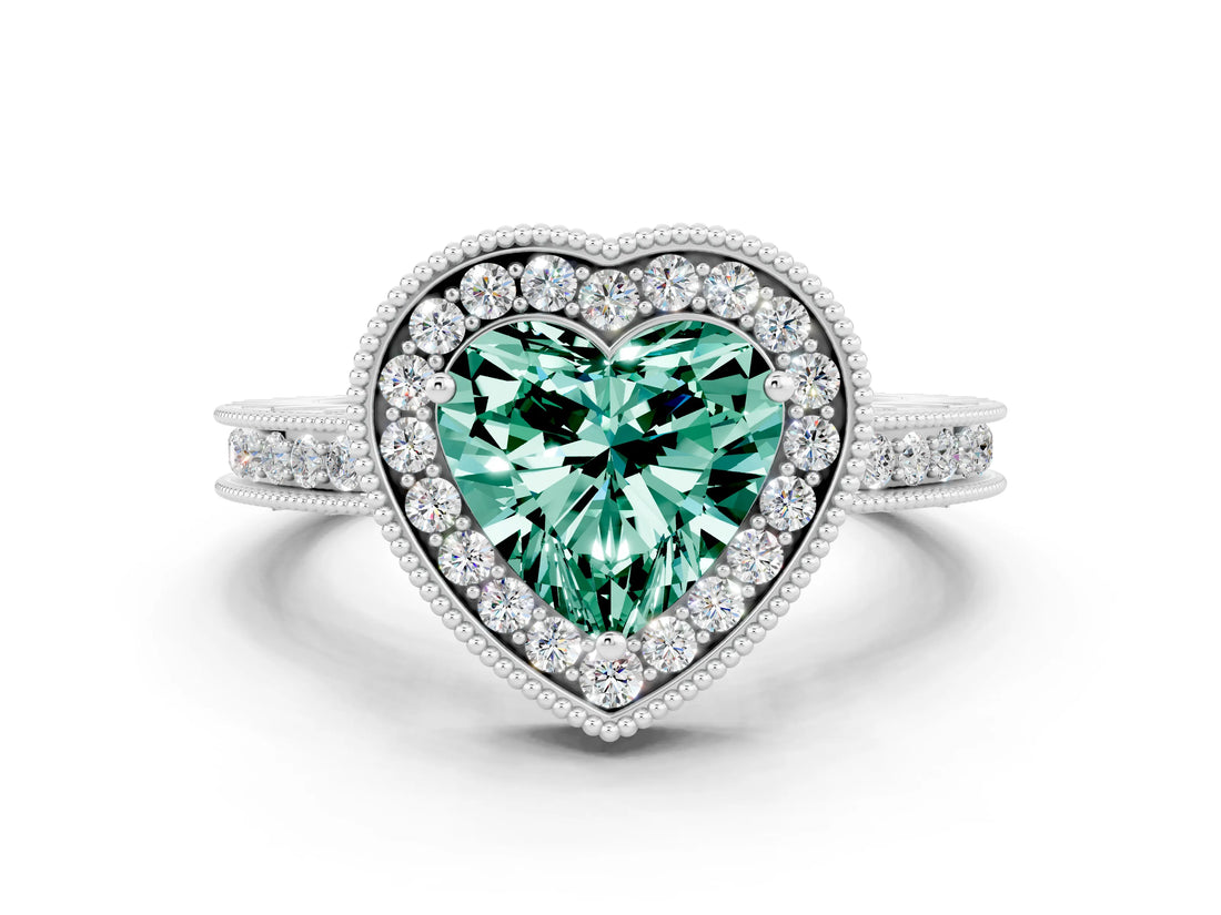 White gold Heart Cut Halo Diamond Engagement Ring with Milgrain Pave Band and Four-Prong Setting
