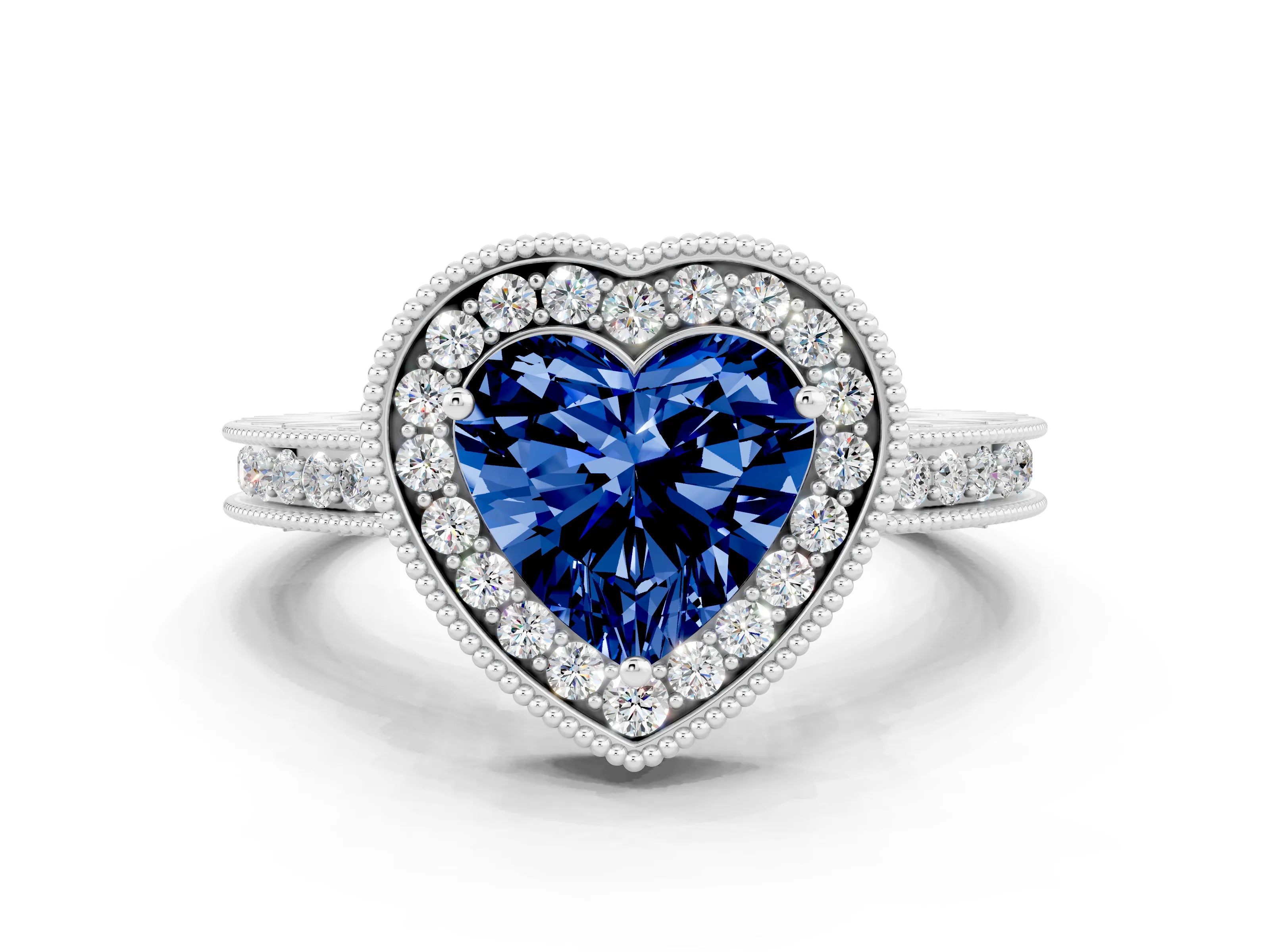 White gold Heart Cut Halo Diamond Engagement Ring with Milgrain Pave Band and Four-Prong Setting