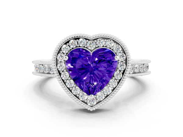 White gold Heart Cut Halo Diamond Engagement Ring with Milgrain Pave Band and Four-Prong Setting
