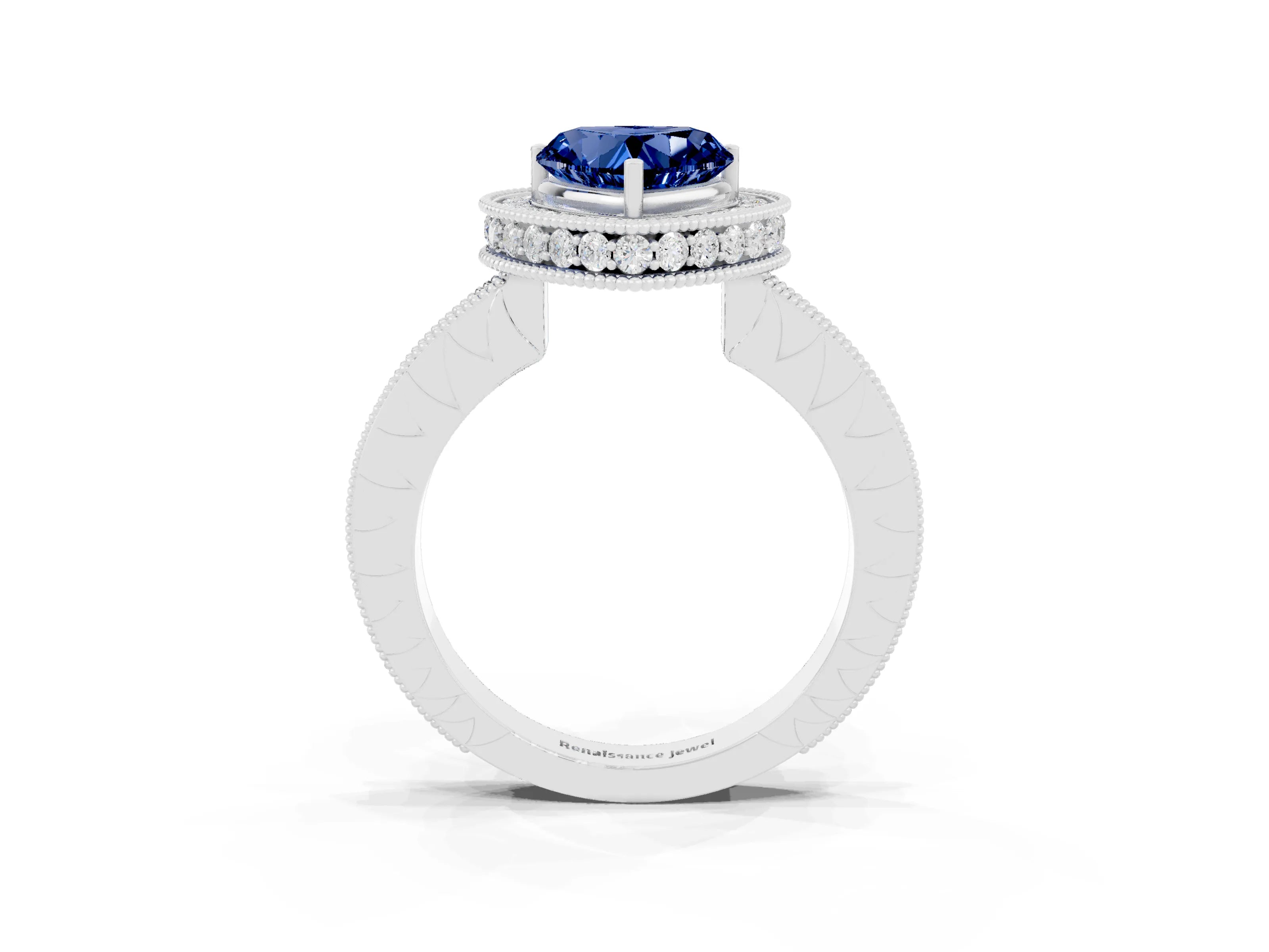 White gold Heart Cut Halo Diamond Engagement Ring with Milgrain Pave Band and Four-Prong Setting_3
