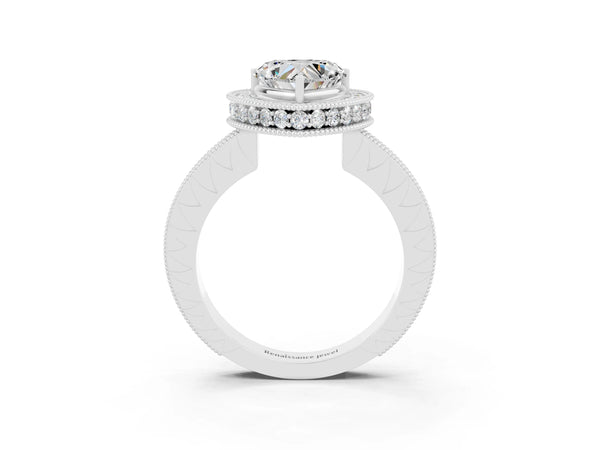 Silver Heart Cut Halo Diamond Engagement Ring with Milgrain Pave Band and Four-Prong Setting