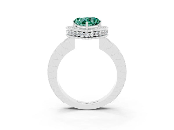 White gold Heart Cut Halo Diamond Engagement Ring with Milgrain Pave Band and Four-Prong Setting