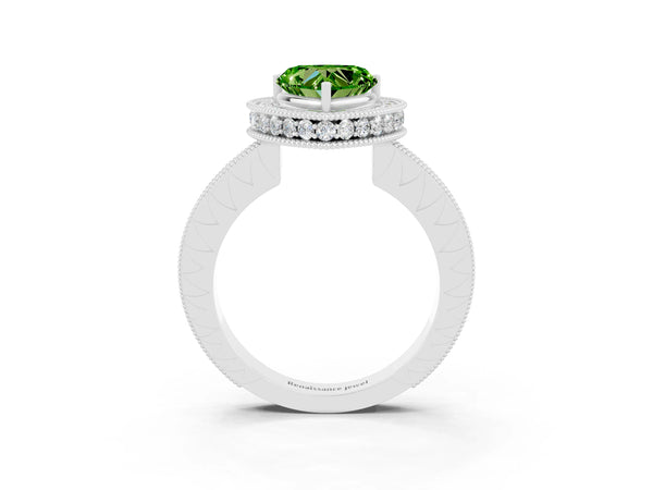 Platinum Heart Cut Halo Diamond Engagement Ring with Milgrain Pave Band and Four-Prong Setting