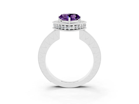 White gold Heart Cut Halo Diamond Engagement Ring with Milgrain Pave Band and Four-Prong Setting_3
