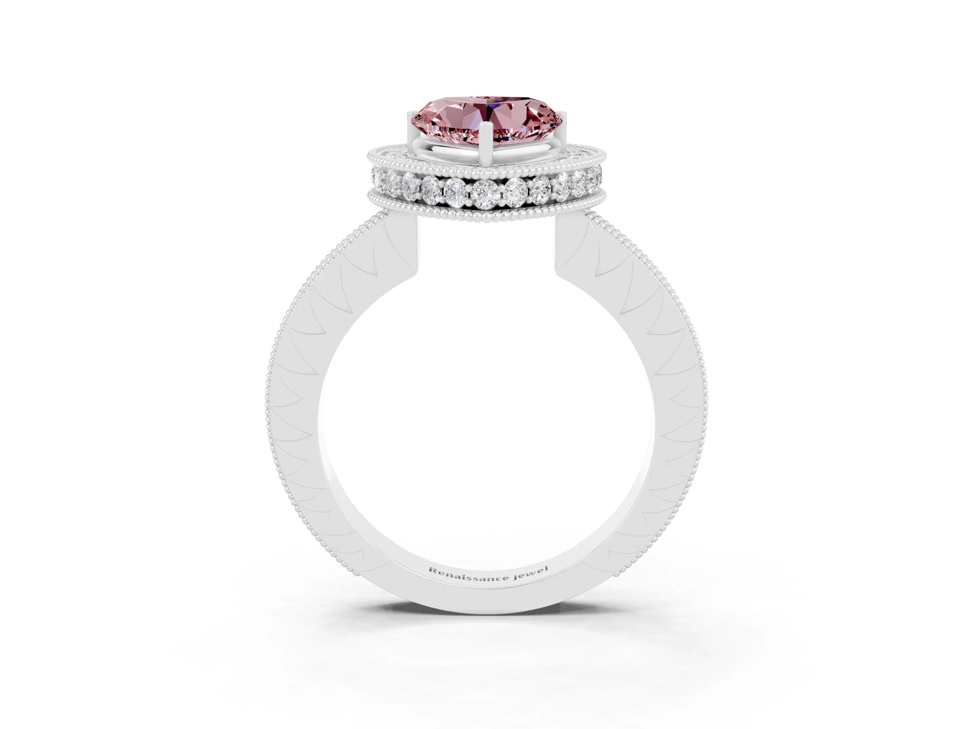 White gold Heart Cut Halo Diamond Engagement Ring with Milgrain Pave Band and Four-Prong Setting_3
