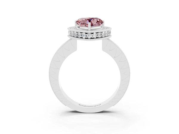 White gold Heart Cut Halo Diamond Engagement Ring with Milgrain Pave Band and Four-Prong Setting