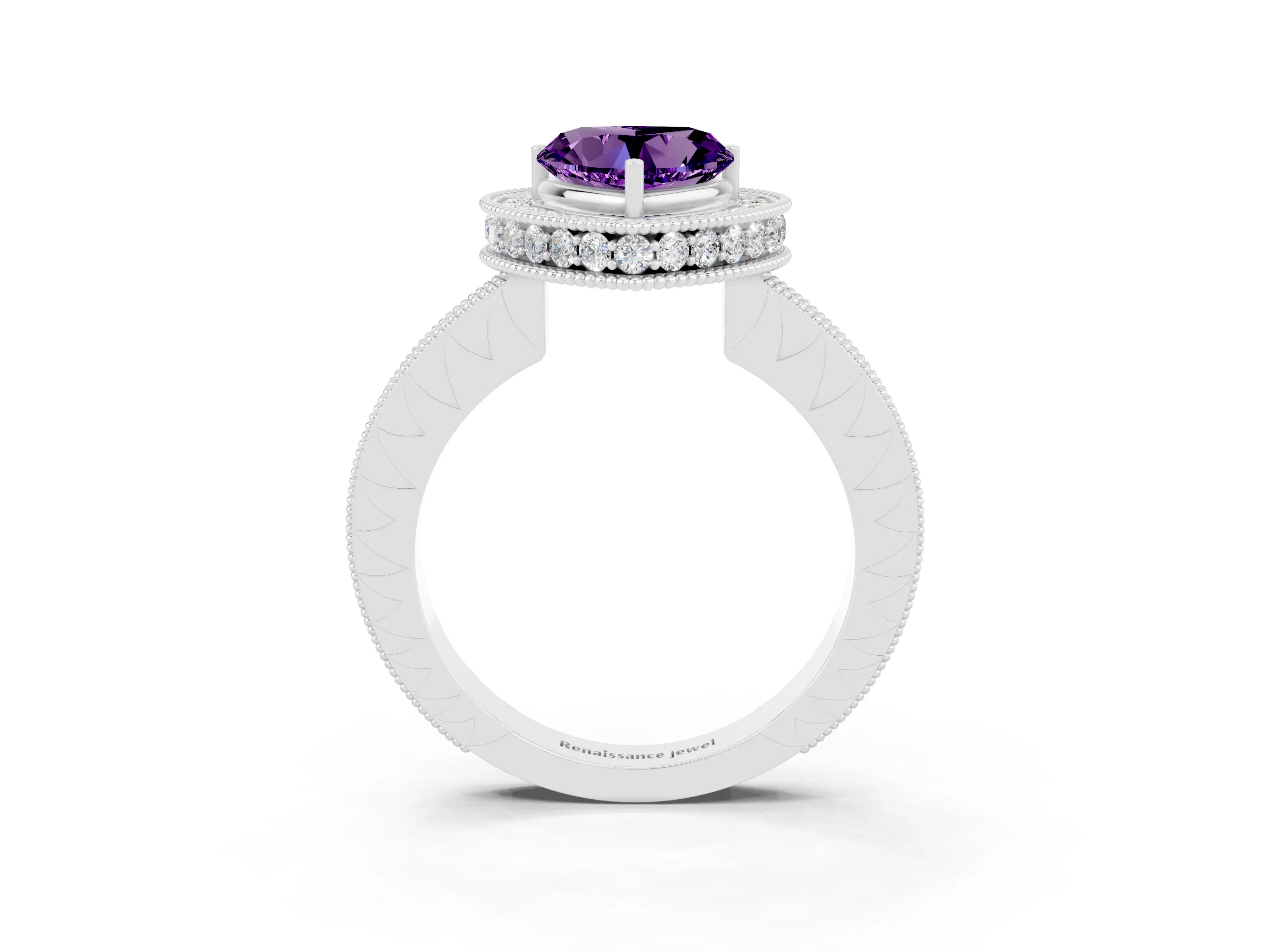 White gold Heart Cut Halo Diamond Engagement Ring with Milgrain Pave Band and Four-Prong Setting_3