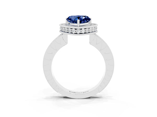 Silver Heart Cut Halo Diamond Engagement Ring with Milgrain Pave Band and Four-Prong Setting