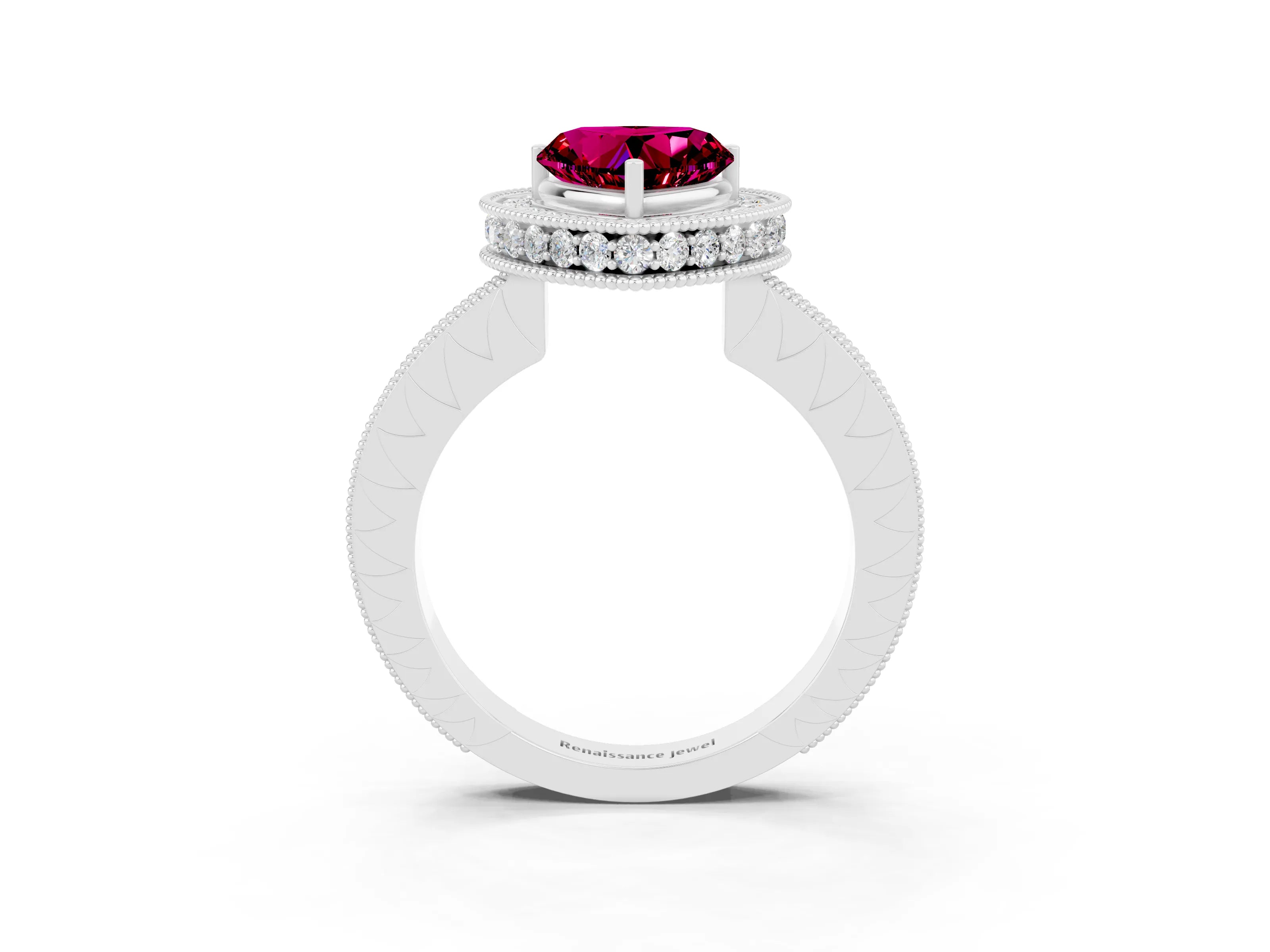 White gold Heart Cut Halo Diamond Engagement Ring with Milgrain Pave Band and Four-Prong Setting_3