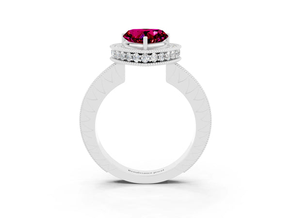 Silver Heart Cut Halo Diamond Engagement Ring with Milgrain Pave Band and Four-Prong Setting