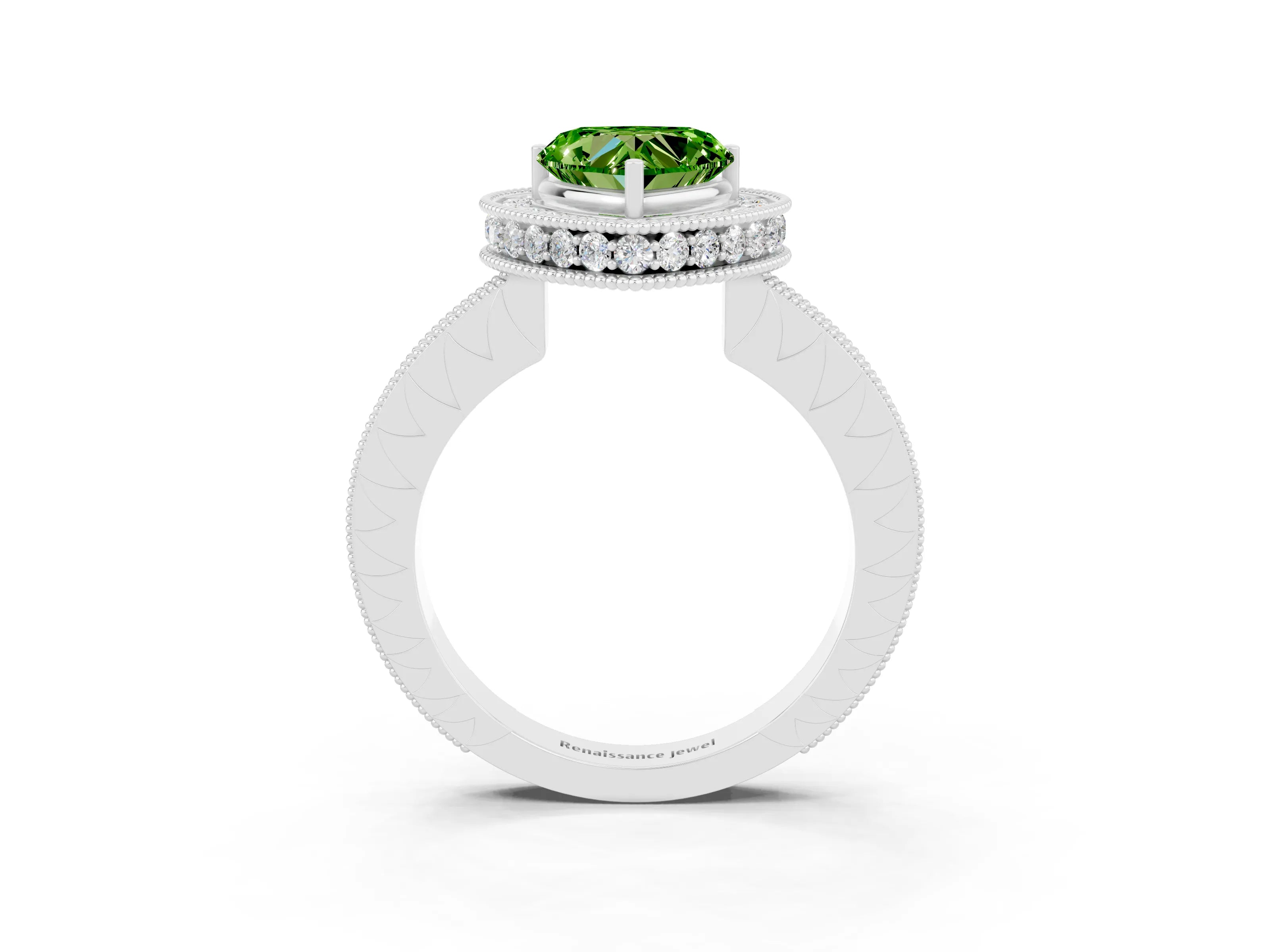 White gold Heart Cut Halo Diamond Engagement Ring with Milgrain Pave Band and Four-Prong Setting_3