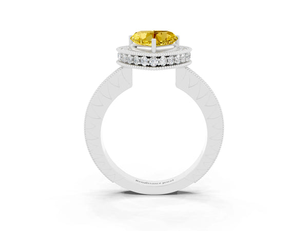Platinum Heart Cut Halo Diamond Engagement Ring with Milgrain Pave Band and Four-Prong Setting