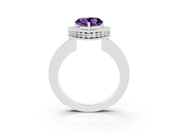 Platinum Heart Cut Amethyst Milgrain Halo Engagement Ring with Round Pavé Band and Prong Setting