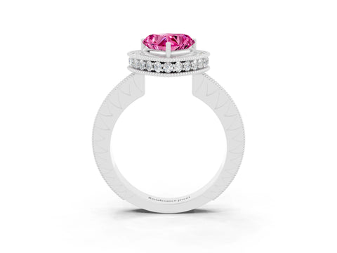 White gold Heart Cut Halo Diamond Engagement Ring with Milgrain Pave Band and Four-Prong Setting_3