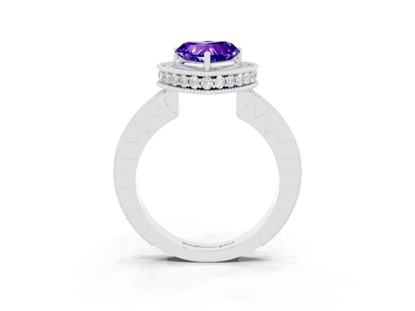 Platinum Heart Cut Halo Diamond Engagement Ring with Milgrain Pave Band and Four-Prong Setting
