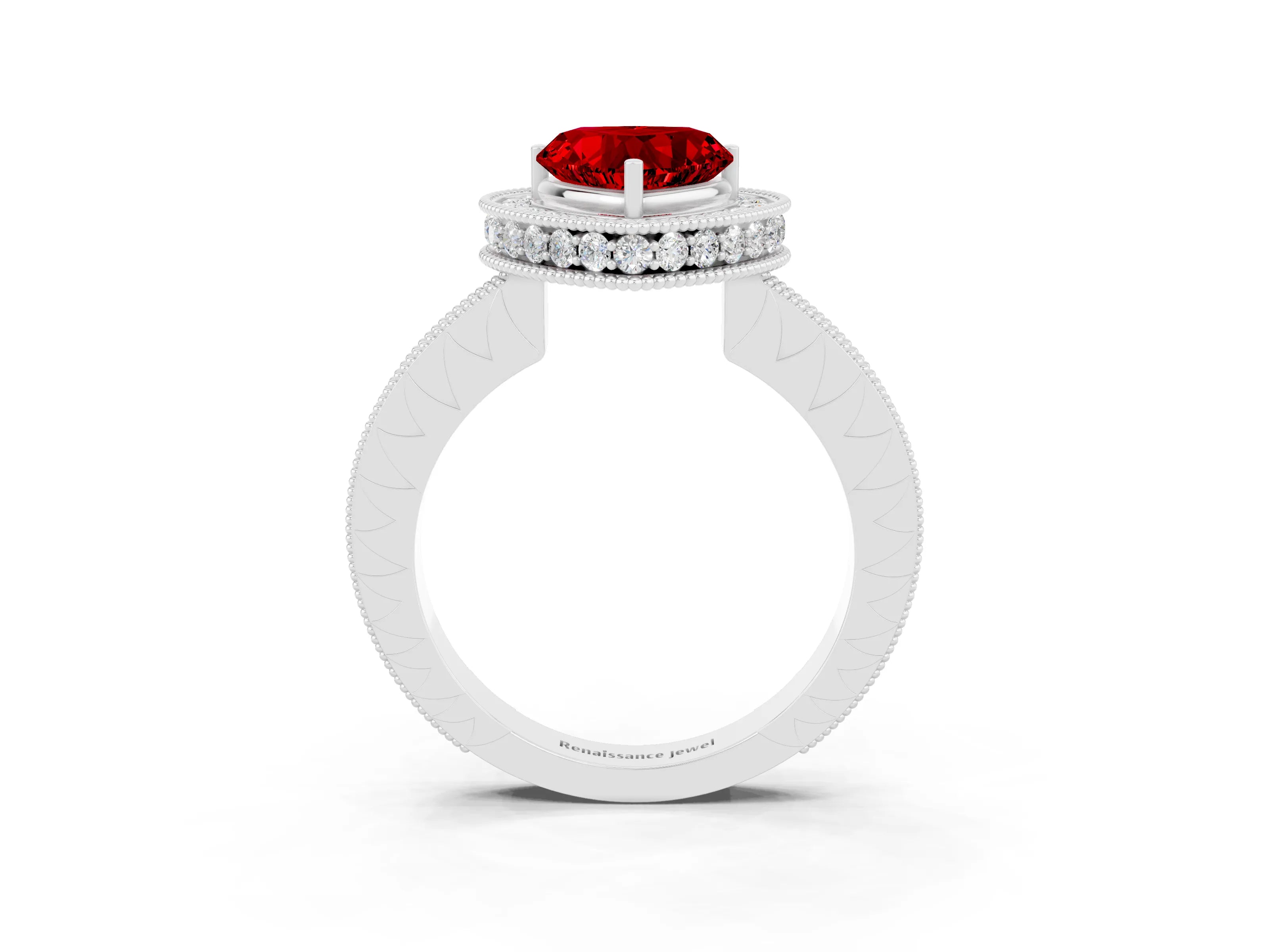 White gold Heart Cut Halo Diamond Engagement Ring with Milgrain Pave Band and Four-Prong Setting_3