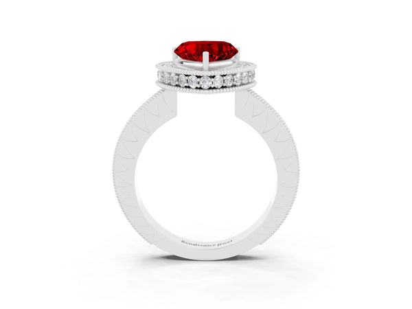 Platinum Heart Cut Halo Diamond Engagement Ring with Milgrain Pave Band and Four-Prong Setting