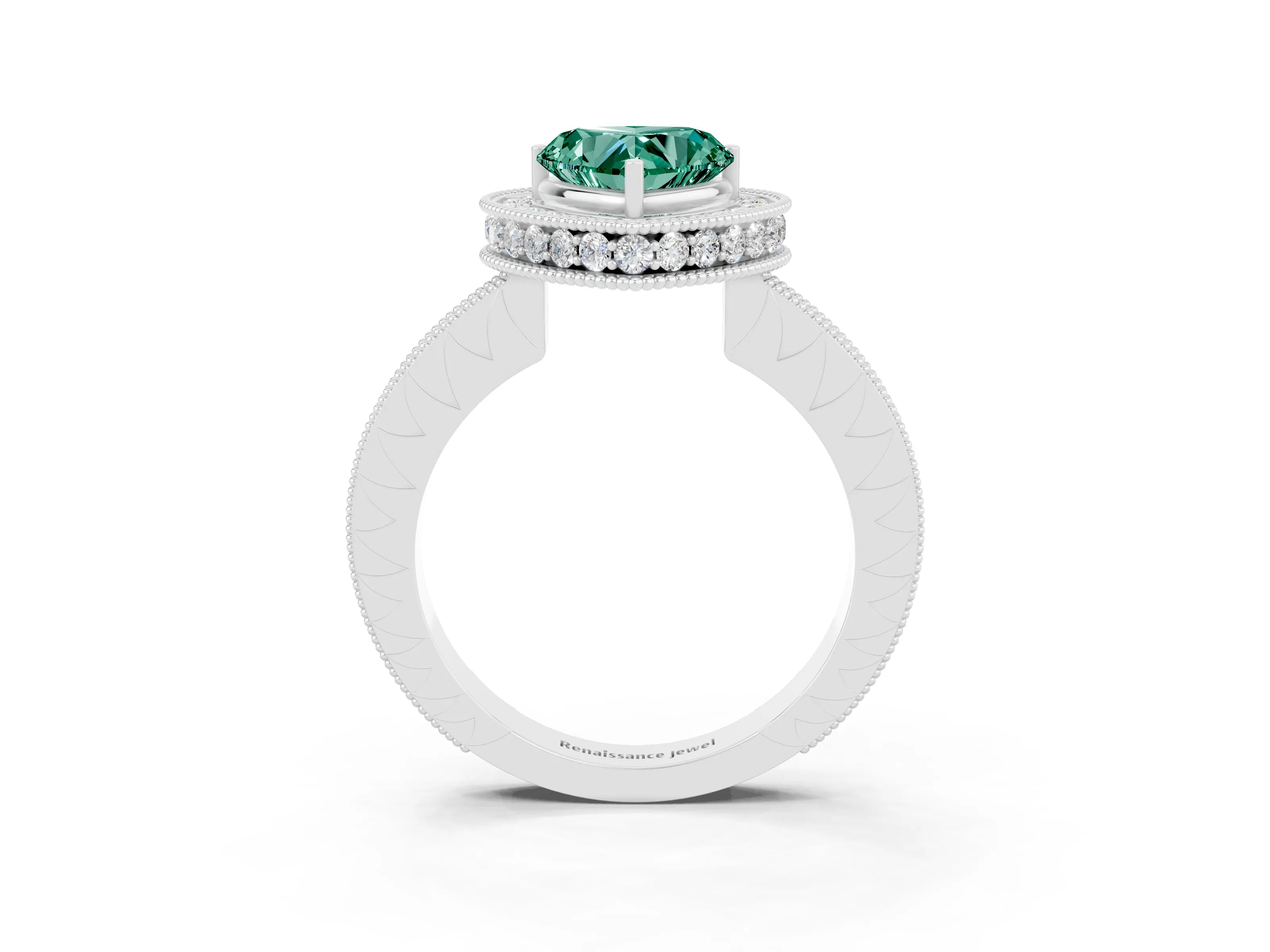 White gold Heart Cut Halo Diamond Engagement Ring with Milgrain Pave Band and Four-Prong Setting_3