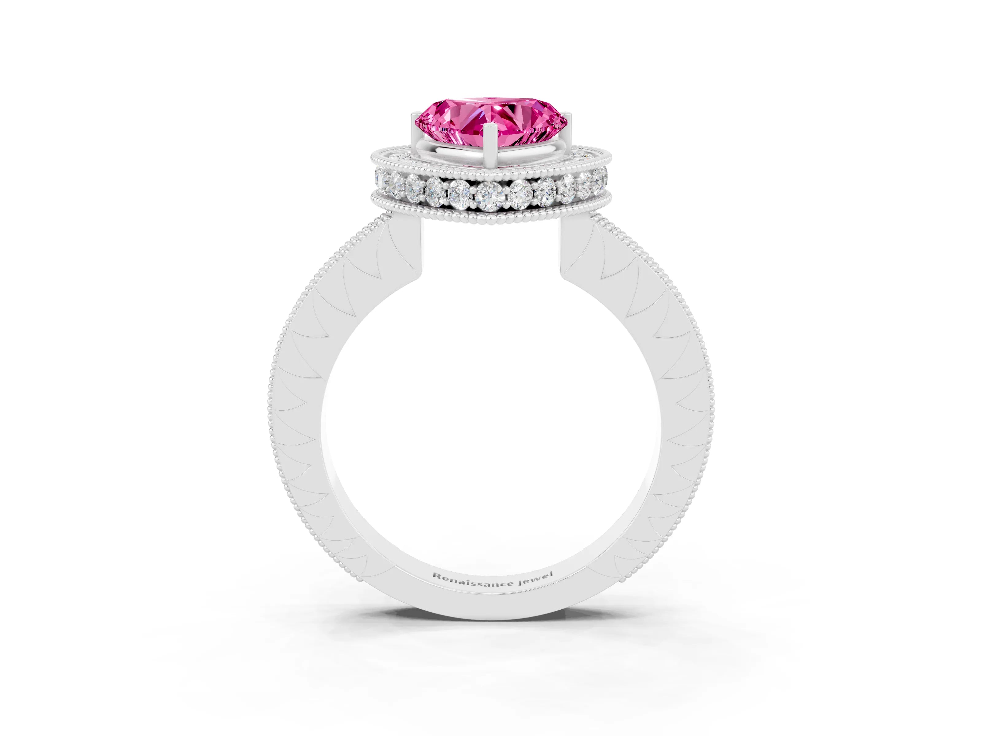 White gold Heart Cut Halo Diamond Engagement Ring with Milgrain Pave Band and Four-Prong Setting_3