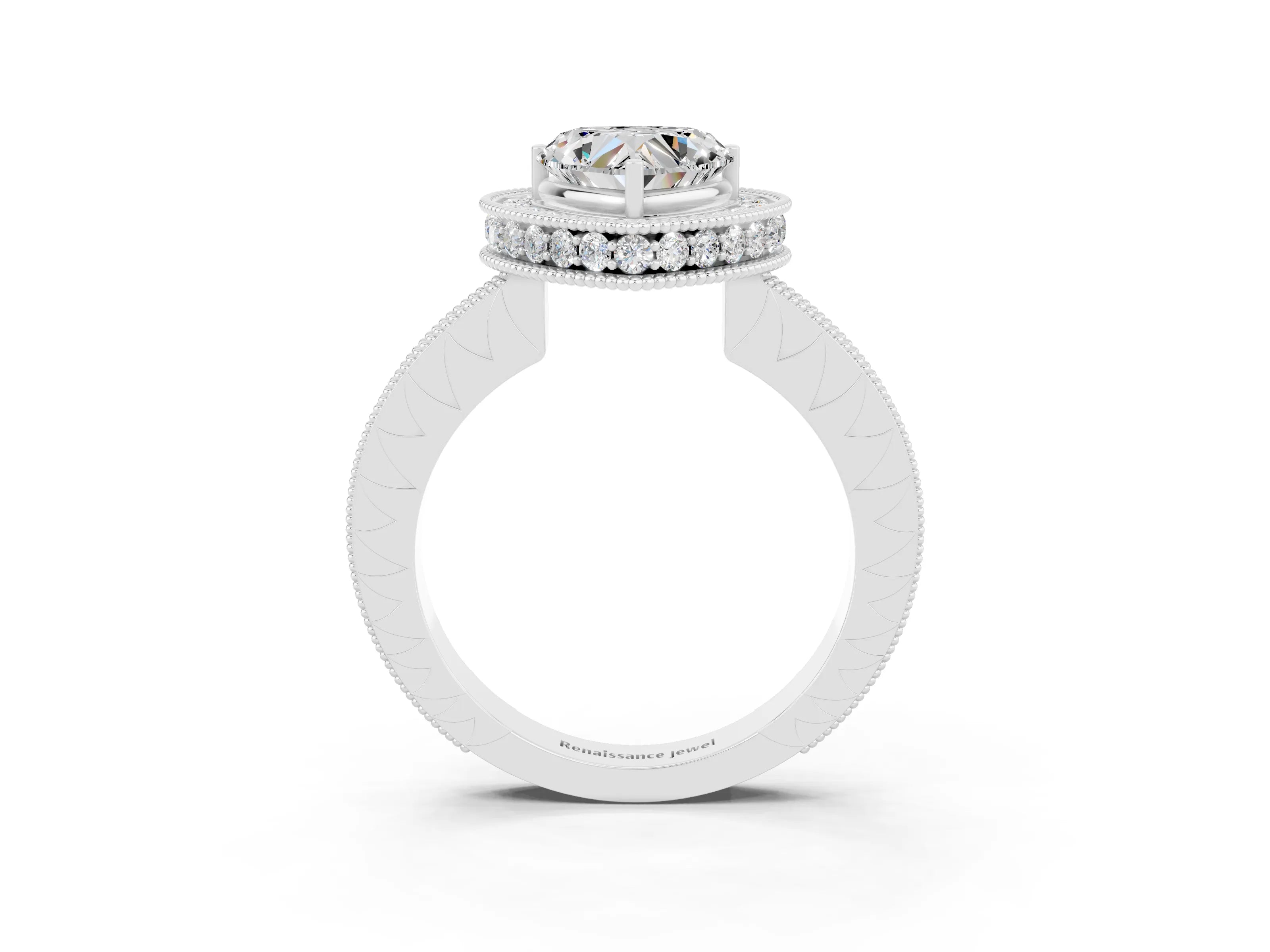 White gold Heart Cut Halo Diamond Engagement Ring with Milgrain Pave Band and Four-Prong Setting_3