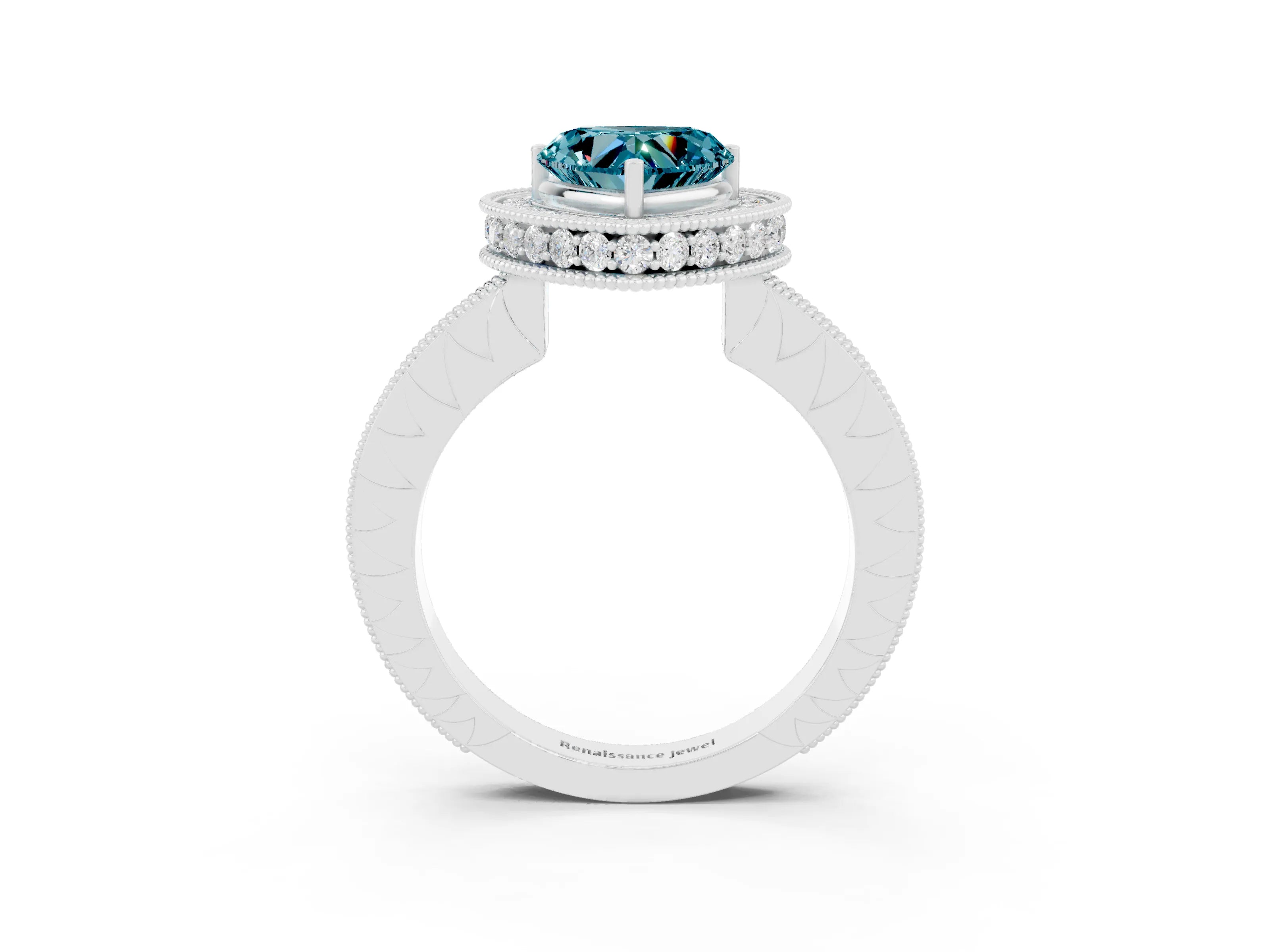 White gold Heart Cut Halo Diamond Engagement Ring with Milgrain Pave Band and Four-Prong Setting_3