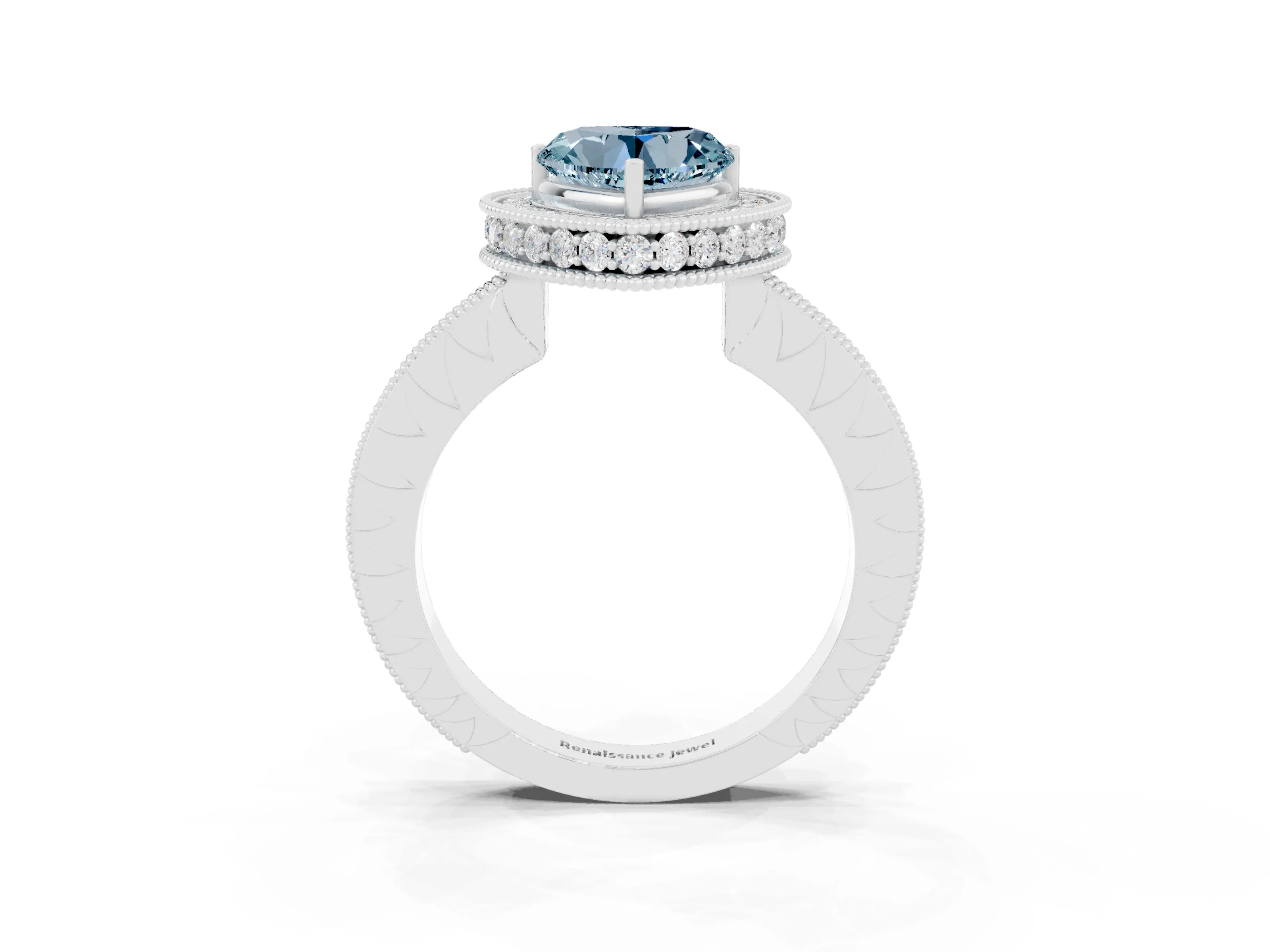 White gold Heart Cut Halo Diamond Engagement Ring with Milgrain Pave Band and Four-Prong Setting_3