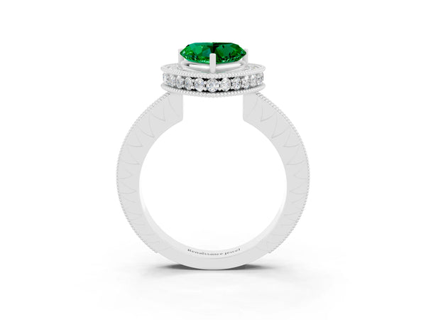 Silver Heart Cut Halo Diamond Engagement Ring with Milgrain Pave Band and Four-Prong Setting