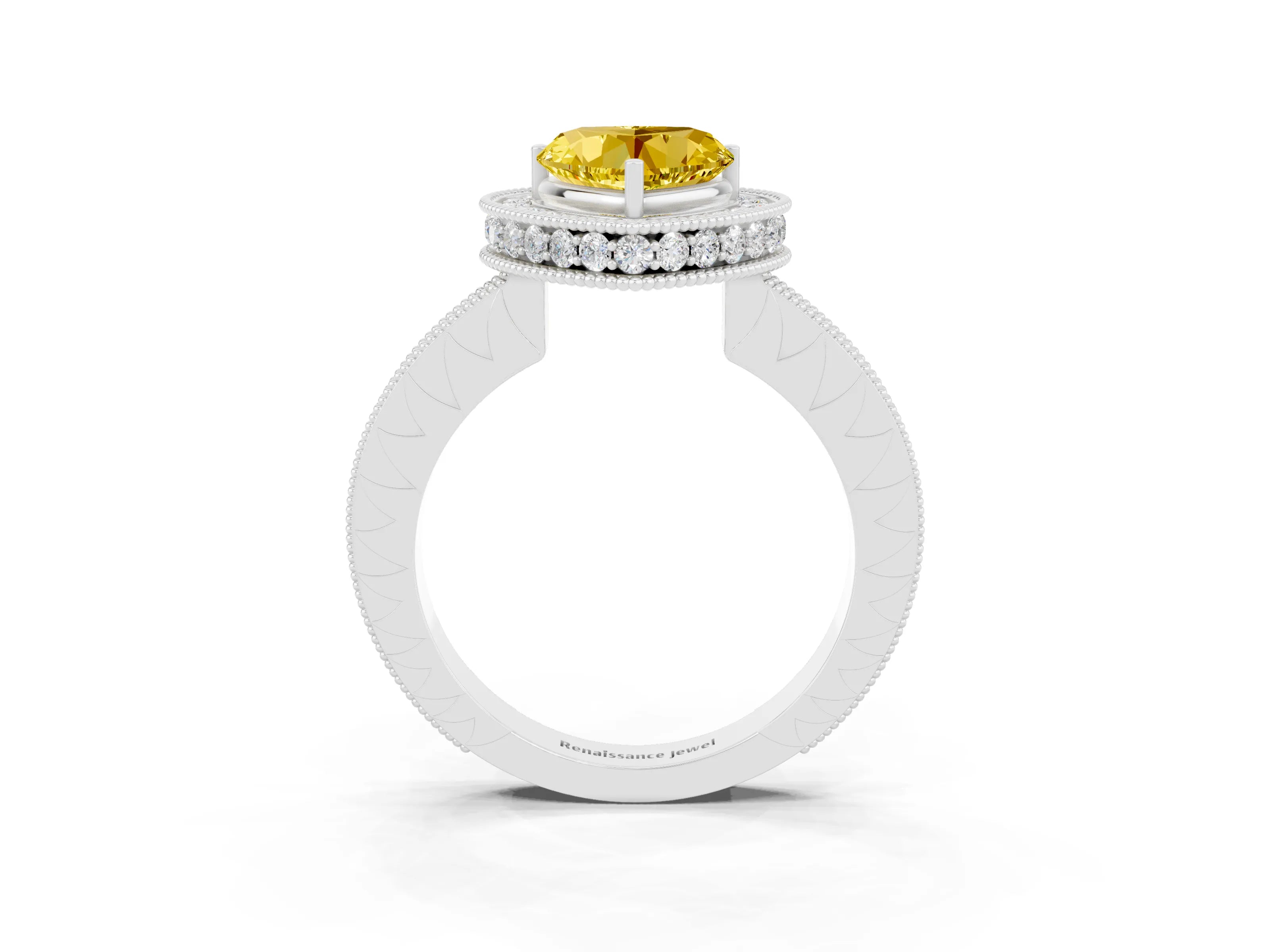 White gold Heart Cut Halo Diamond Engagement Ring with Milgrain Pave Band and Four-Prong Setting_3