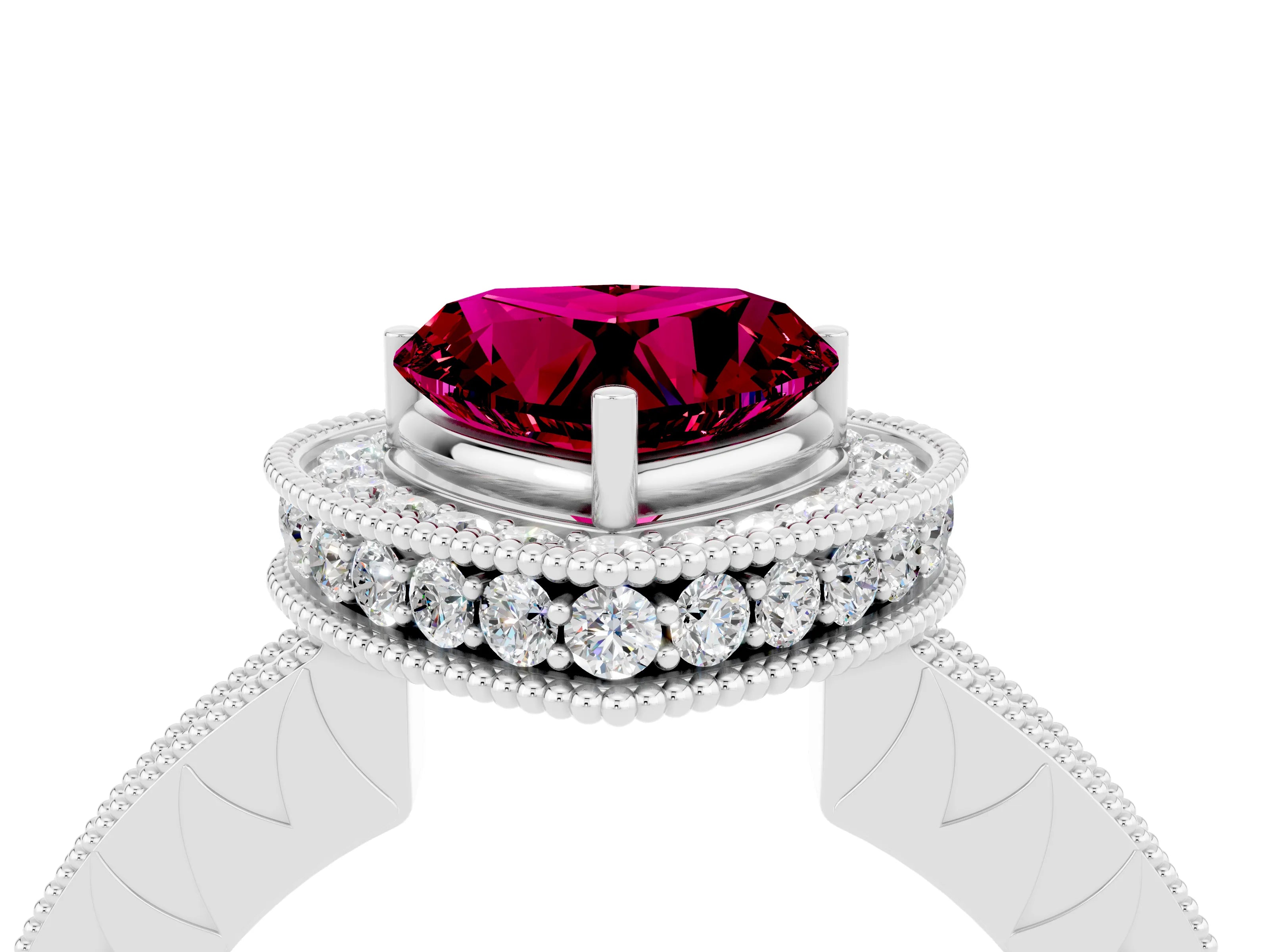 White gold Heart Cut Halo Diamond Engagement Ring with Milgrain Pave Band and Four-Prong Setting_4