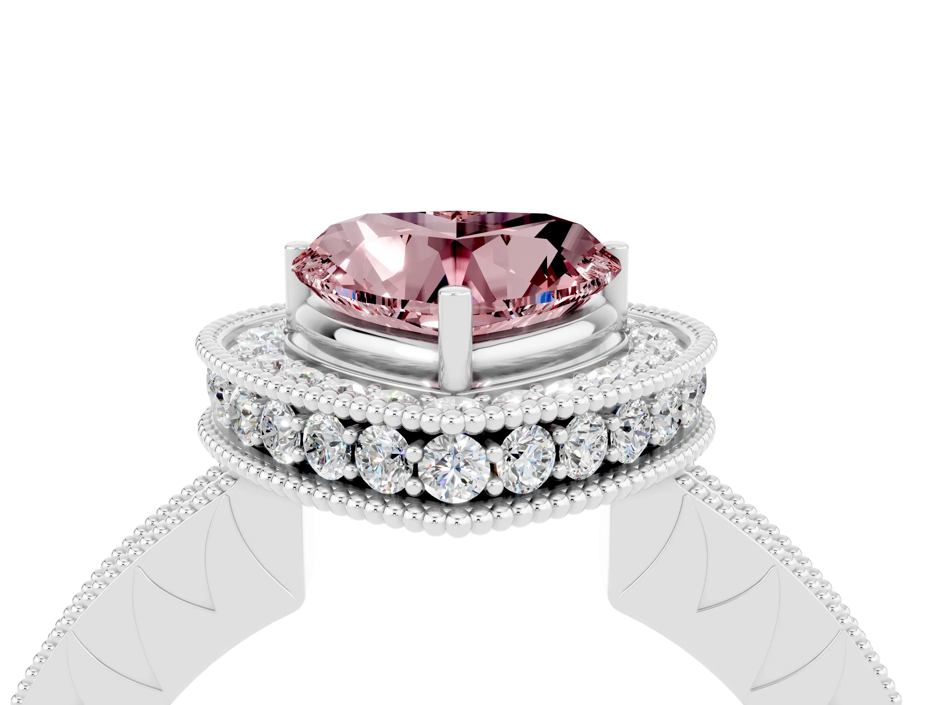 White gold Heart Cut Halo Diamond Engagement Ring with Milgrain Pave Band and Four-Prong Setting_4